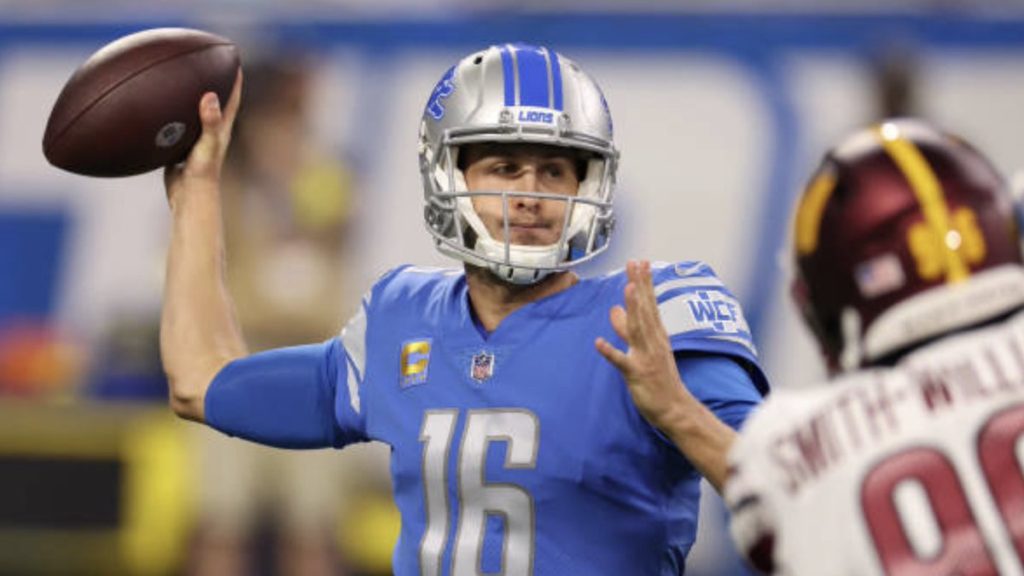 Jared Goff throws a pass for the Detroit Lions.